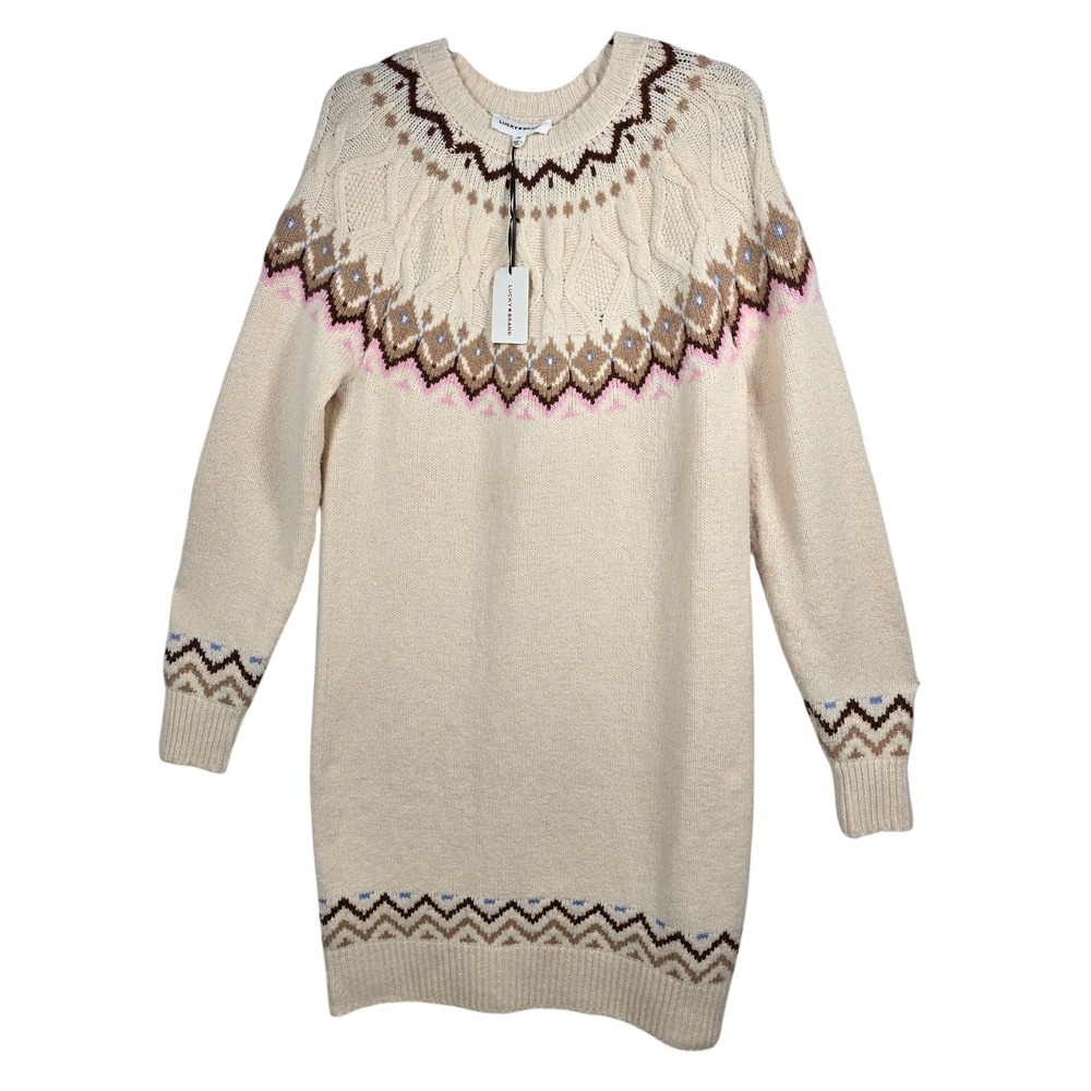 Lucky Brand Womens Sweater Dress Large Cream‎ Tan Fair Isle Knit NEW Nordic Boho